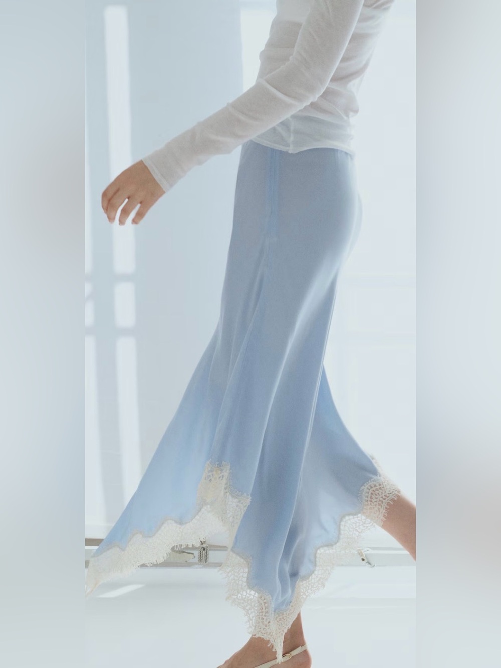 H&M Light Blue Maxi Skirt with Cream Lace Hem